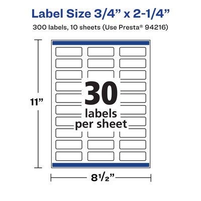 Avery Laser/Inkjet Waterproof Multipurpose Rectangle Labels, 0.75" x 2.25", White, 300 Labels/Pack (94216)