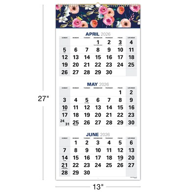 2026-2027 Excello Brands Large Print 13" x 27" Academic Monthly Wall Calendar, Navy Floral (WC-AY26-1327-84)