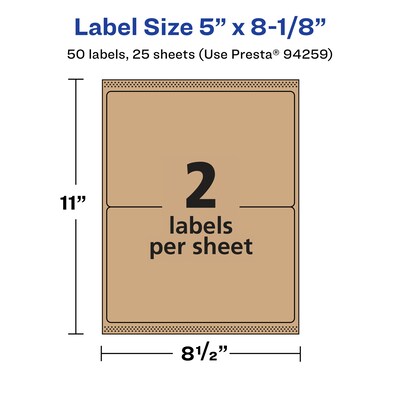 Avery Laser/Inkjet Rectangle Multipurpose Labels, 5" x 8-1/8", Kraft Brown, 50 Labels/Pack ( 94259)
