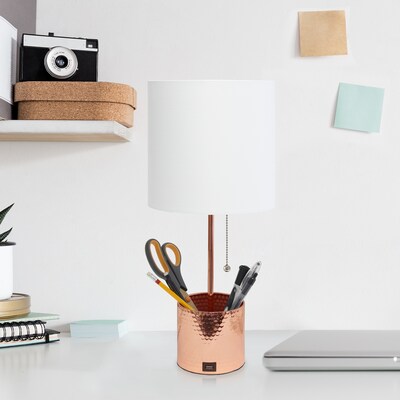 Simple Designs Hammered Metal Organizer Table Lamp with USB charging port and Fabric Shade, Rose Gold (LT1085-RGD)
