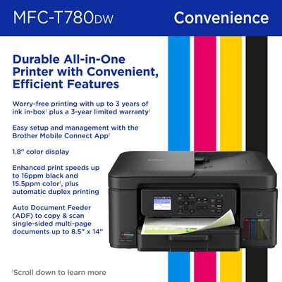 Brother INKvestment Tank MFC-T780DW Wireless Color All-In-One Supertank Inkjet Printer, Best for Home Office