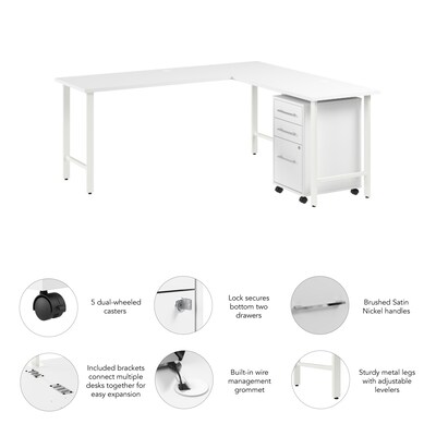 Bush Business Furniture Hustle 72"W L Shaped Computer Desk with 3 Drawer Mobile File Cabinet, White (HUS005WH)