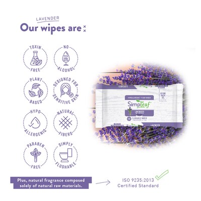 Simpleaf Lavender Scented Flushable Wipes, 50 Single Wipes/Box, 12 Packs/Box (S-012-12pack)