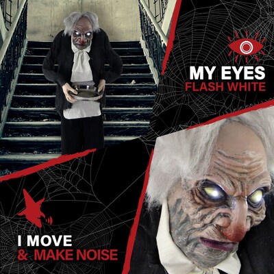 Haunted Hill Farm Life-Size Animatronic Zombie Butler Holding a Tray (HHMAN-1FLSA)