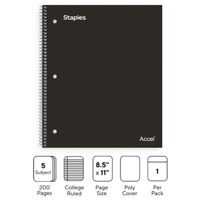 Staples Premium 5-Subject Notebook, 8.5" x 11", College Ruled, 200 Sheets, Black (ST58317)