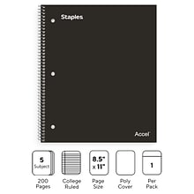 Staples Premium 5-Subject Notebook, 8.5 x 11, College Ruled, 200 Sheets, Black (ST58317)