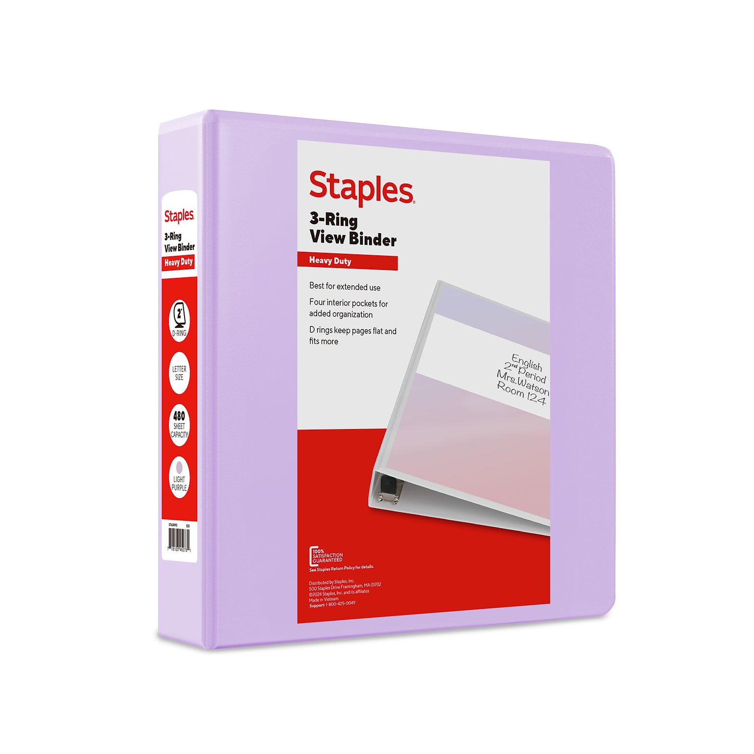 Staples Heavy Duty 2 3-Ring View Binder, D-Ring, Light Purple (ST63093)