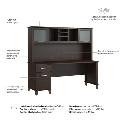 Bush Home Somerset 72"W Office Desk with Drawers and Hutch, Mocha Cherry (SET018MR)