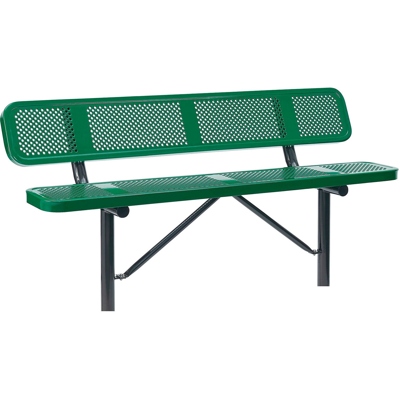 Global Industrial 6 Outdoor Steel Bench w/ Backrest, Perforated Metal, In Ground Mount, Green (694557IGN)