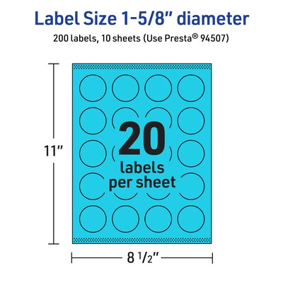 Avery Printable Circle Multipurpose Labels, 1-5/8" Dia., Bright Blue, 200/Pack (94507)