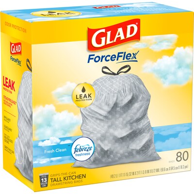 Glad OdorShield 13 Gallon Kitchen Trash Bag, 8.81" x 9.13", Low Density, 0.72 mil, Fresh Clean, White, 80 Bags/Box (78899)