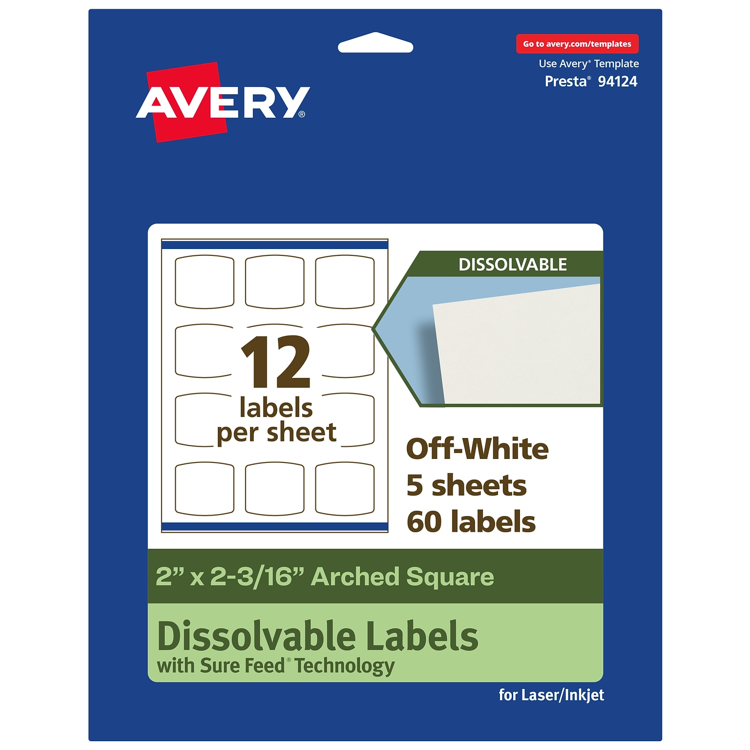Avery Dissolvable Square Multipurpose Labels, 2 x 2-3/16, Off-white, 60/Pack (94124)
