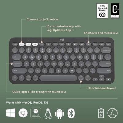 Logitech Pebble Keys 2 K380S Wireless Ergonomic Keyboard, Black (920-011775)