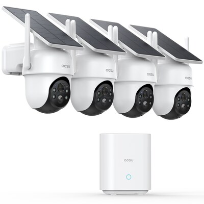 aosu 2K QHD 3.0-MP Wireless Outdoor Dual-Band Wi-Fi® AI-Smart Solar Security 4-Camera Kit with HomeBase Recorder, White (C9C-4H)