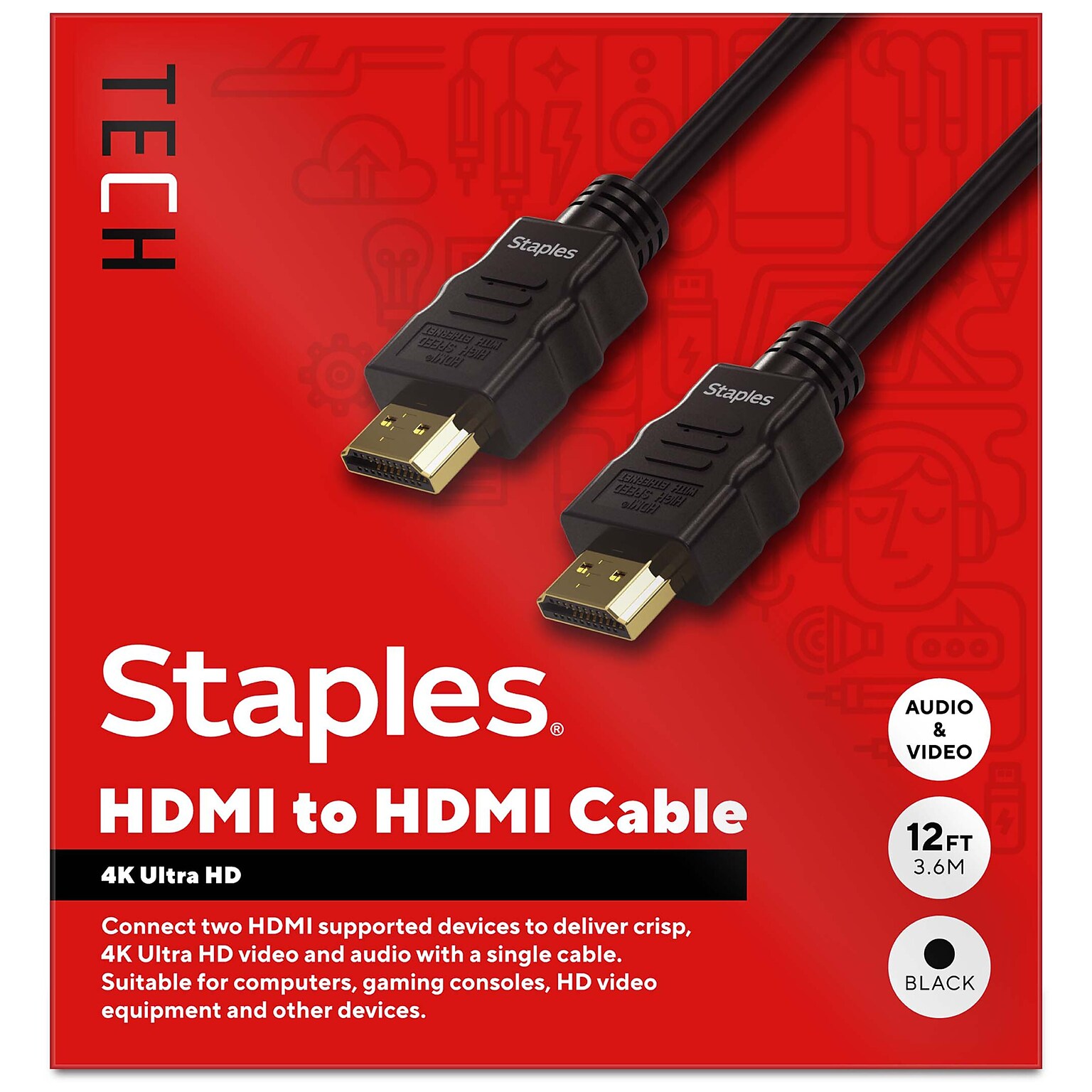 Staples TECH 12 ft. HDMI to HDMI Audio/Video Cable, Male to Male, Black (ST62465)