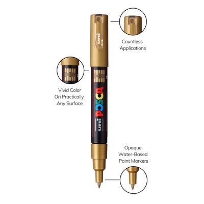 POSCA PC-1M Water Based Paint Marker, Extra Fine Bullet Tip, Gold, 3/Pack (UBCPC1MGOLD-3)