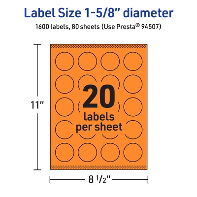 Avery Circle Multipurpose Labels, 1-5/8" Dia., Bright Orange, 1600/Box (94507)