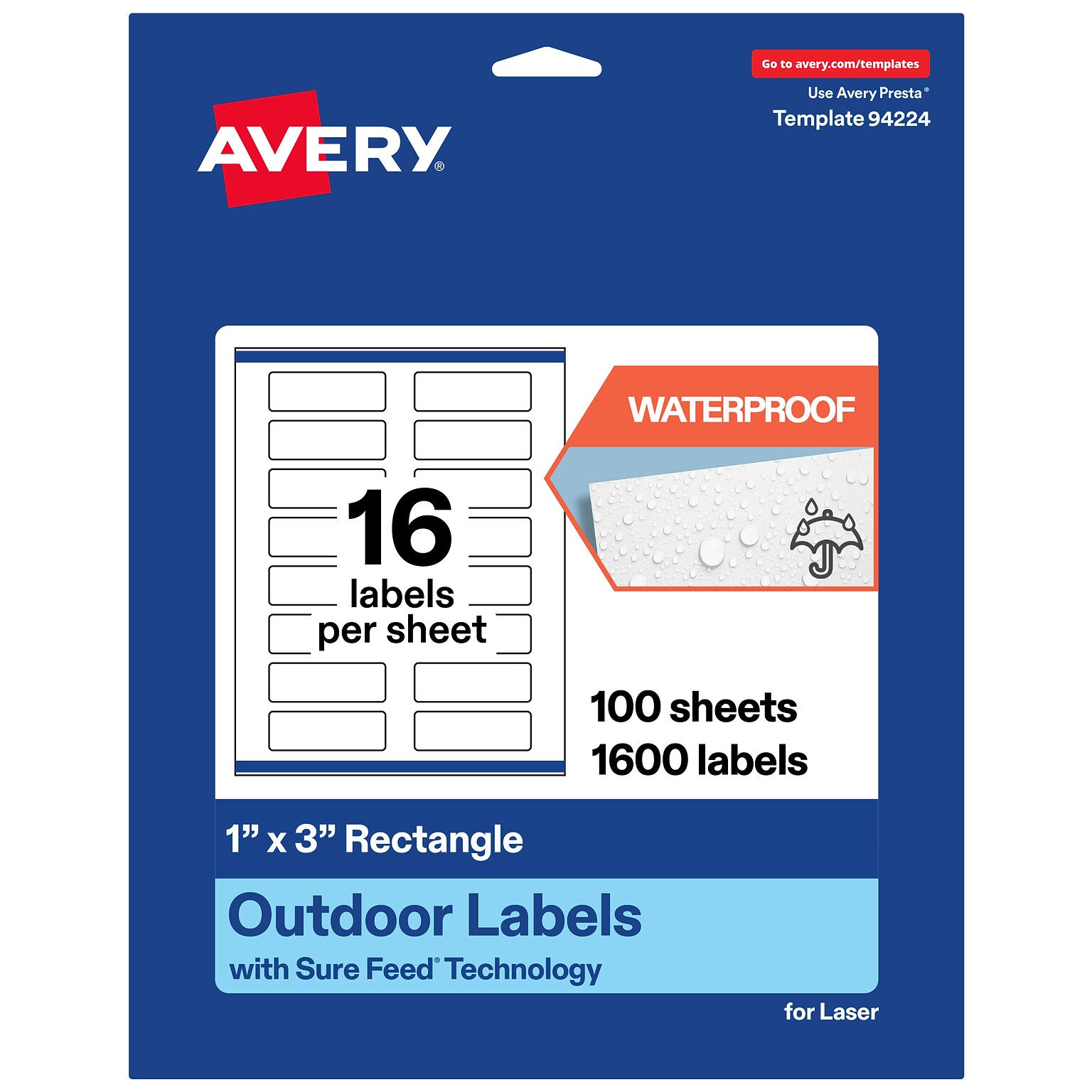 Avery Waterproof Rectangle Laser Multipurpose Labels, 1 x 3, White, 1600/Box (19479399255)
