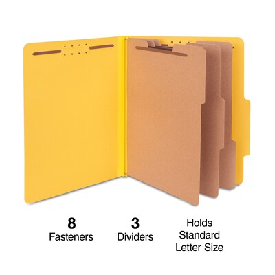 Quill Brand® 2/5-Cut Tab Pressboard Classification File Folders, 3-Partitions, 8-Fasteners, Letter, Yellow, 15/Box (744038)