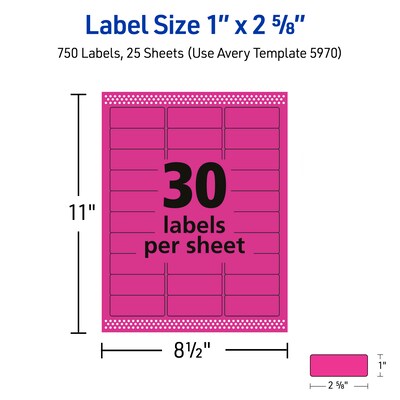 Avery Sure Feed Laser Address Labels, 1" x 2 5/8", Neon Pink, 750 Labels/Pack (5970)