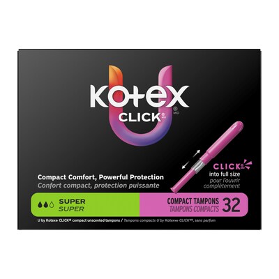 U by Kotex Click Super Absorbency Compact Tampon, Plastic Applicator, Unscented, 32/Pack (51584)