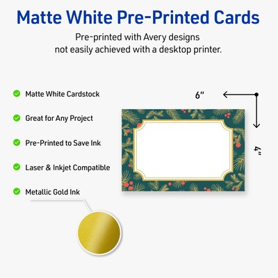 Avery Gold-Teal Berries Matte Blank Card, White, 20/Pack (S00-FF2)