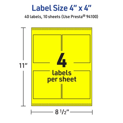 Avery Laser/Inkjet Multipurpose Square Labels, 4" x 4", Neon Yellow, 40/Pack (94100)