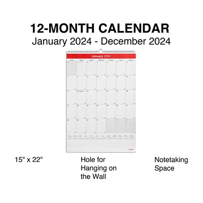 2025 Staples 15" x 22" Wall Calendar, Red/White (ST53925-25)
