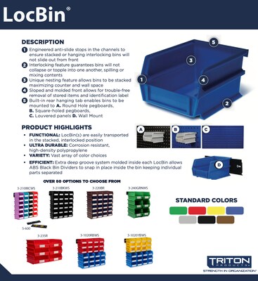 Triton Products LocBin Stackable Storage Bin, 7" x 8.25"x 14.75", Blue, 6/Pack (3-240B)