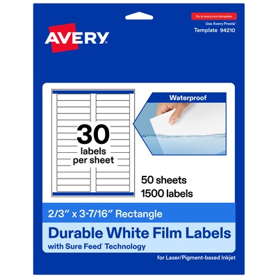 Avery Laser/Inkjet Rectangle Waterproof Multipurpose Labels, 3.44  x 0.67, White, 1500/Box (94210)