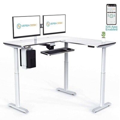 VersaDesk PowerLift 60W Electric L-Shaped Adjustable Standing Desk, Black/White (PLLSD7260-WB-APP)