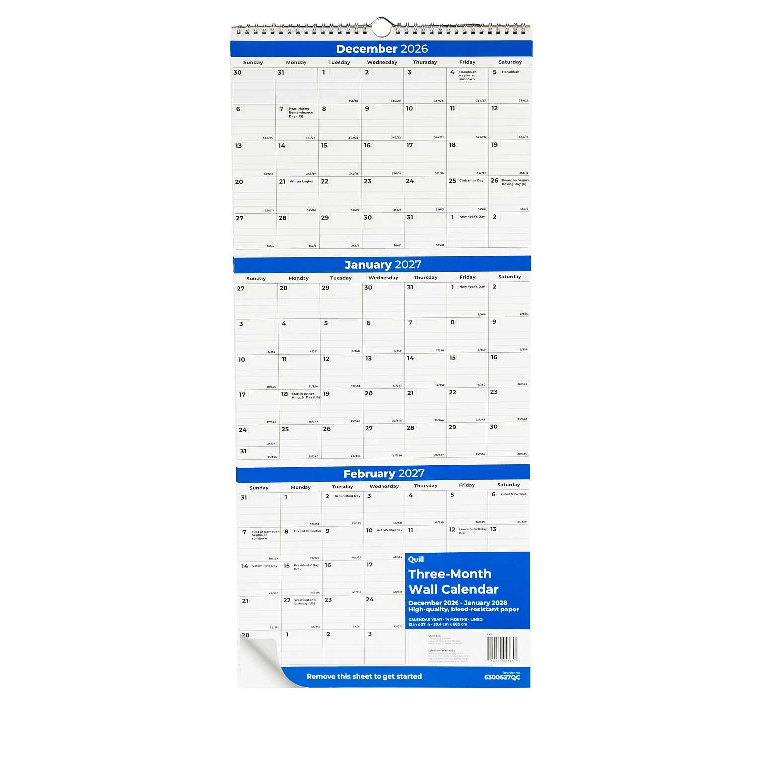 2027 Quill Brand® 27 x 12 Vertical Wall Calendar, White/Blue (63006-27-QCC)