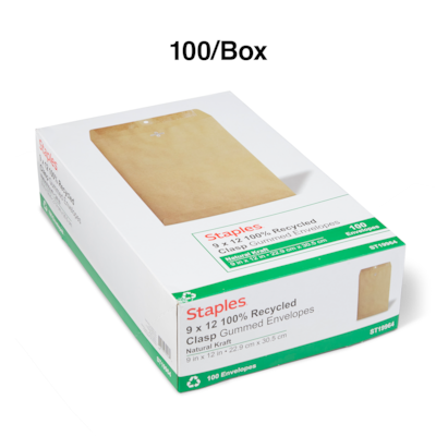Staples Clasp & Moistenable Glue #10 Catalog Envelope, 9" x 12", Natural Brown, 100/Box (ST19964-CC)
