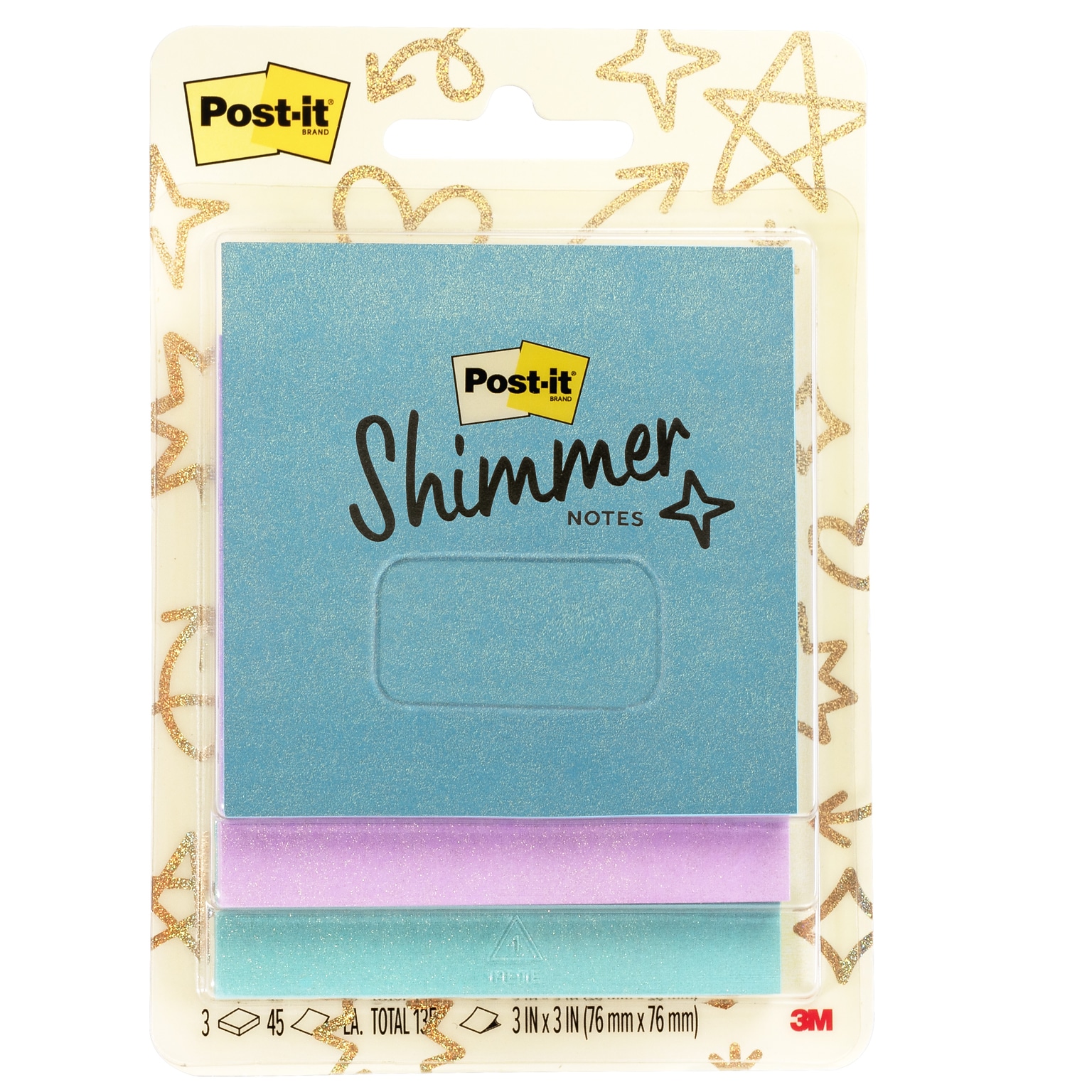 Post-it Shimmer Sticky Notes, 3 x 3, Cool Collection, 45 Sheets/Pad, 3 Pads/Pack (SENS-SN33-CL)