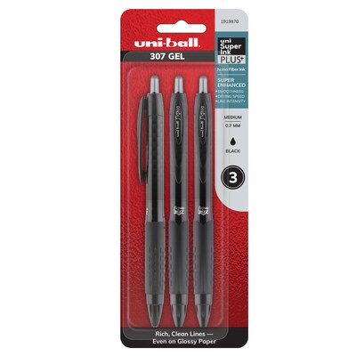 uniball 307 Retractable Gel Pens, Medium Point, 0.7mm, Black Ink, 3/Pack (1919870)