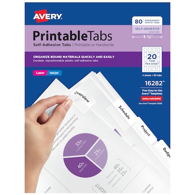 Avery Printable Self-Adhesive Plastic Tabs, White, 20 Tabs/ Sheet, 80/Pack (16282)