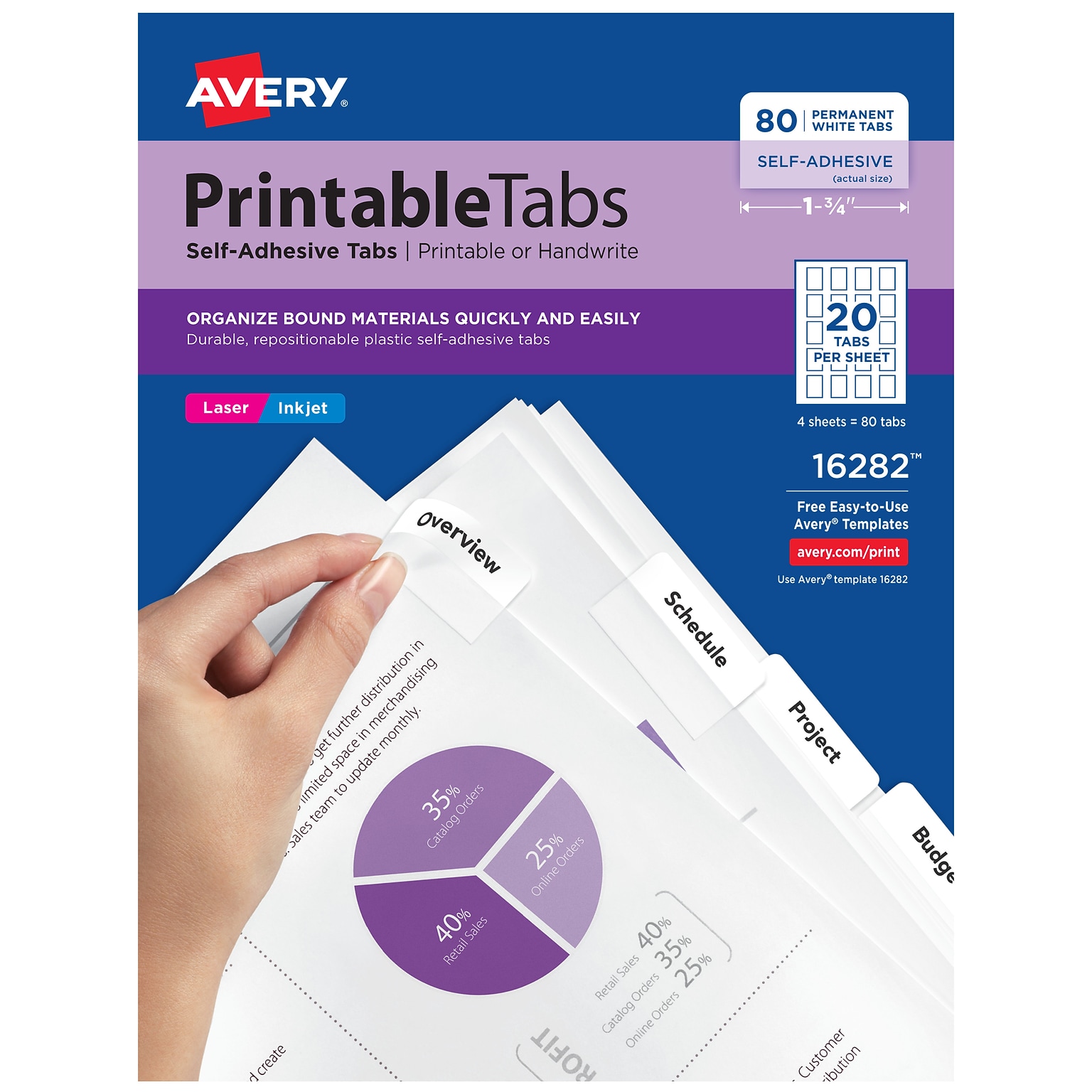Avery Printable Self-Adhesive Plastic Tabs, White, 20 Tabs/Sheet, 4 Sheets/Pack (16282)