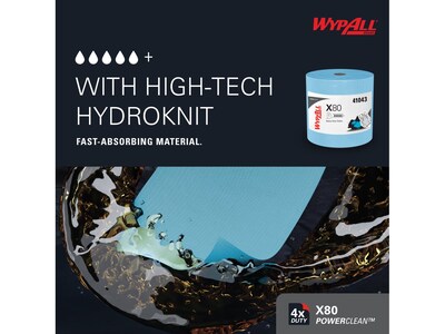 WypAll PowerClean X80 Fiber Cleaning Cloth, 13.4 x 12.4, Blue, 475 Sheets/Roll, 36 Rolls/Pallet (4