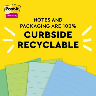 Post-it Recycled Super Sticky Notes, 4" x 4", Oasis Collection, Lined, 70 Sheet/Pad, 3 Pads/Pack (675R-3SST)