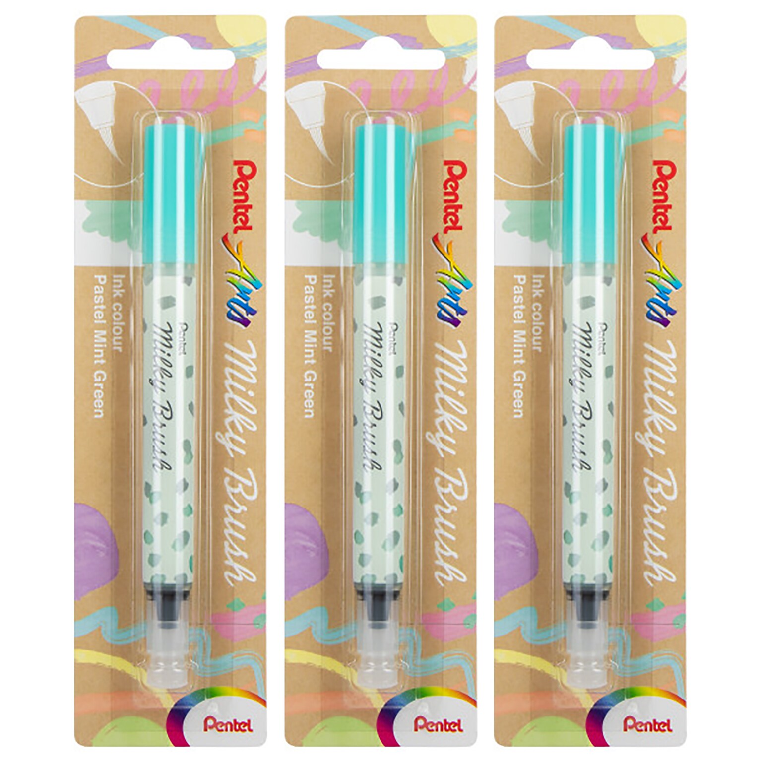 Pentel Milky Brush, Green Ink, 3/Bundle (PTAXGFHBPPDX-3)