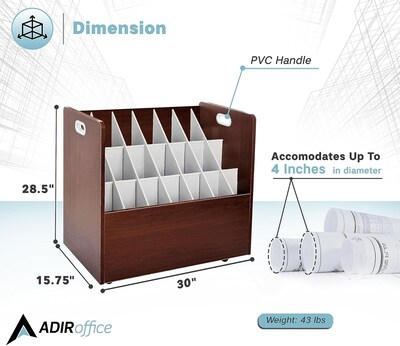 AdirOffice 21-Slot Mobile Roll File, 28.5"H x 30"W x 15.75"D, Mahogany, 2/Pack (625-MA-2PK)
