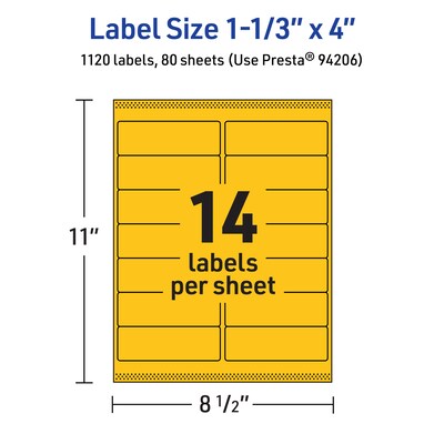 Avery Laser/Inkjet Rectangle Multipurpose Labels, 1-1/3" x 4", Bright Yellow, 1120/Box (94206)