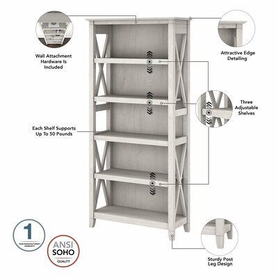 Bush Furniture Key West 66"H 5-Shelf Bookcase with Adjustable Shelves, Linen White Oak Laminated Wood (KWB132LW-03)