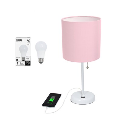 Creekwood Home Oslo 19.5" LED Table Lamp with USB Port, White Base/Light Pink Shade (CWT-2011-PO-LB)