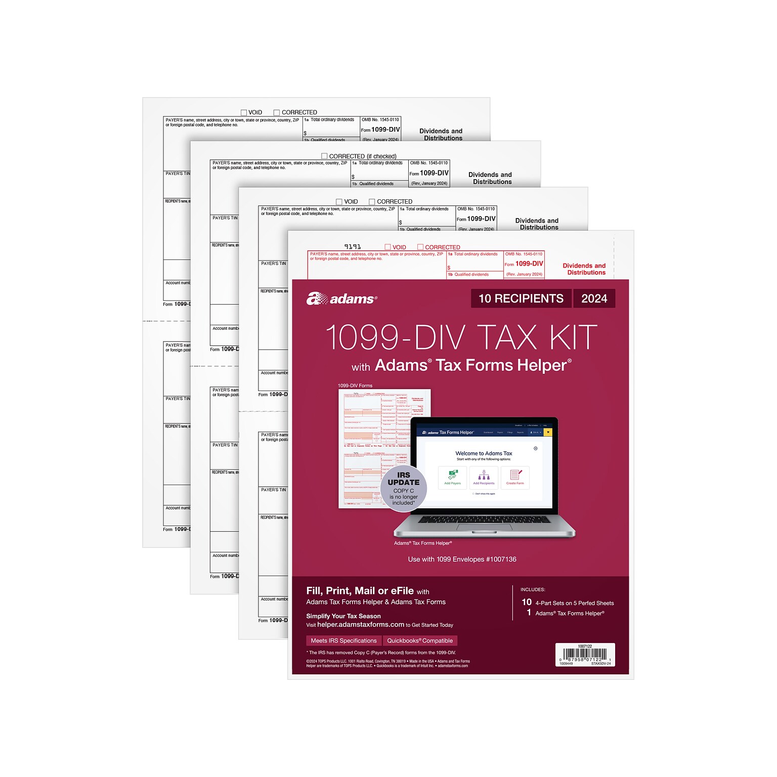 Adams 2024 1099-DIV Tax Form with Access to Adams Tax Forms Helper, 4-Part, 2-Up, Copy A, 1, B, 2, 10/Pack (STAX5DV-24)