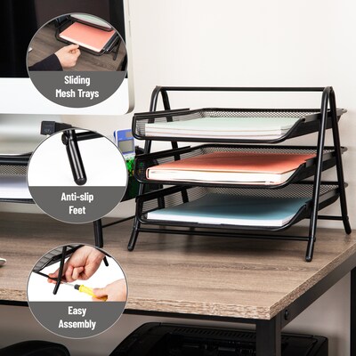 Mind Reader 3-Tier Stackable Paper Desk Tray Organizer, Metal Mesh, Black (3TPAPER-BLK)