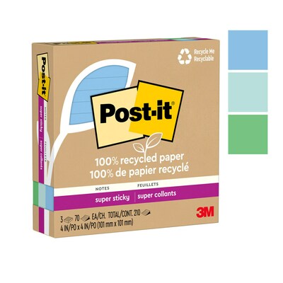 Post-it Oasis Recycled Super Sticky Notes, 4" x 4", Oasis Collection, Lined, 70 Sheets/Pad, 3 Pads/Pack (675R-3SST)