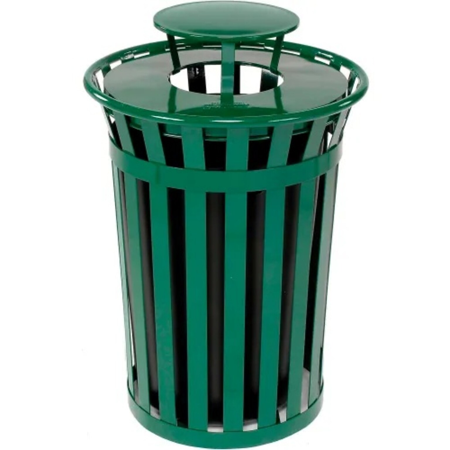 Global Industrial Outdoor Slatted Steel Trash Can w/ Rain Bonnet Lid, 36 Gallon, Green (260804GN)