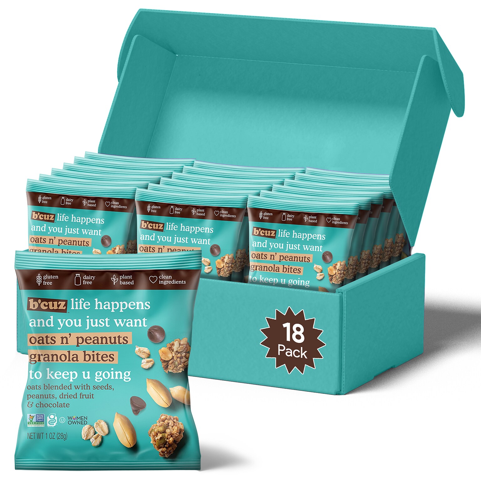 Bcuz Gluten Free Oats n Peanuts Granola Bites, 1 oz., 18 Bags/Box (BCZ-PEA118)