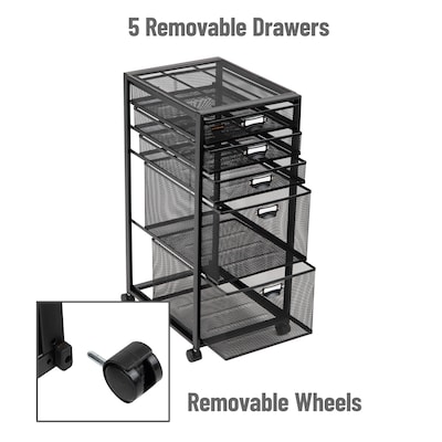 Mind Reader 5-Drawer Mobile Cart with Drawers Laundry Organizer Utility Cart with Wheels, Metal, Black (5TWHEEL-BLK)